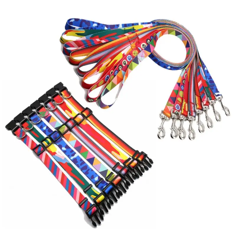 High Quality Custom Printed Breathable Adjustable Nylon Webbing Pet Dog Collar Leash Set Luxury Quick Release Training