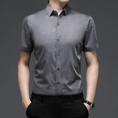Short-Sleeved Shirt Men's Non-Iron Business Casual Pure Color Thin Silky Bamboo Fiber Summer New Clothing