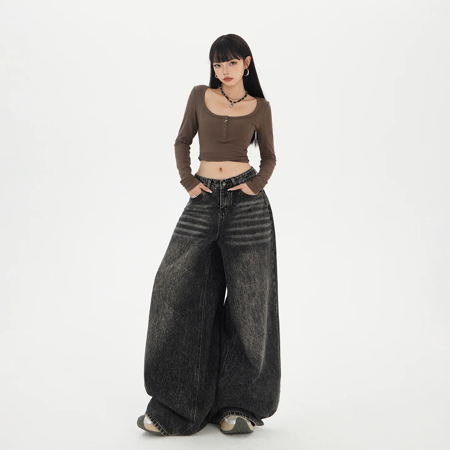 American Style Retro High Waist Loose Wide Leg Dark Denim Quick Dry Floor-length Women's Jeans Autumn Winter New Style