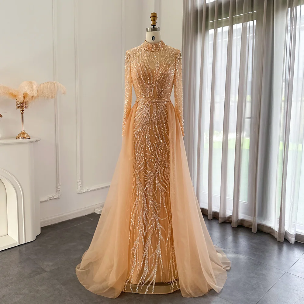 Elegant Gold Mermaid Arabic Evening Dress With Overskirt Long Sleeves  Luxury Muslim Wedding Formal Party Gown Scz163