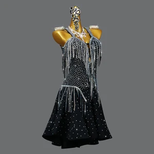 Black Rhinestone Tassel Women Latin Dance Dress Performance Costumes Latin Dress Dance Costume Evening Gown Occasion Dress