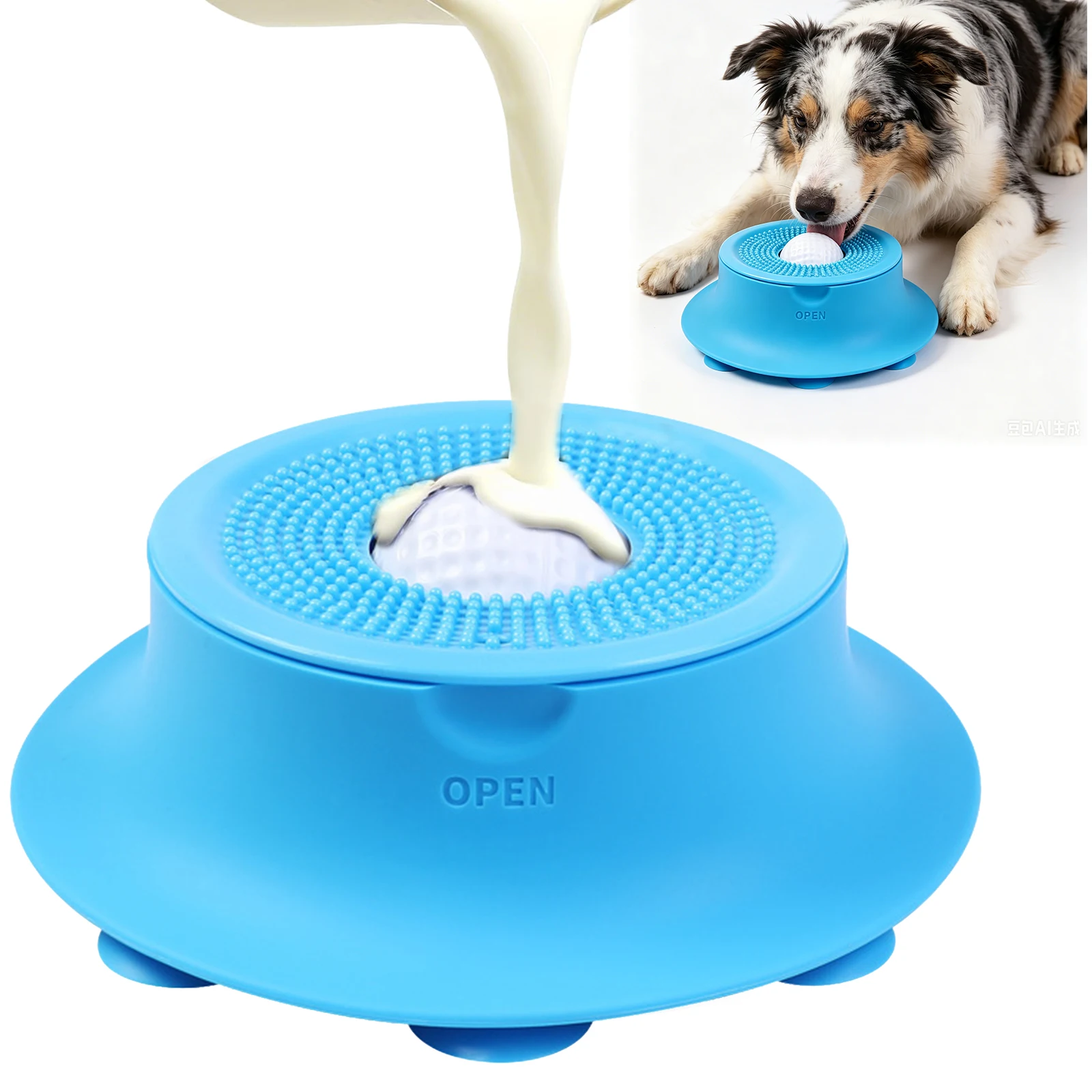 Fabriek 2-in-1 silikoonhuisdierlangsaftrekvoerbak vir honde, anti-omkop-bak met suigkoppeling en lekkerskottel met rolbal vir honde en katte vir droë kos en yoghurtvoeding