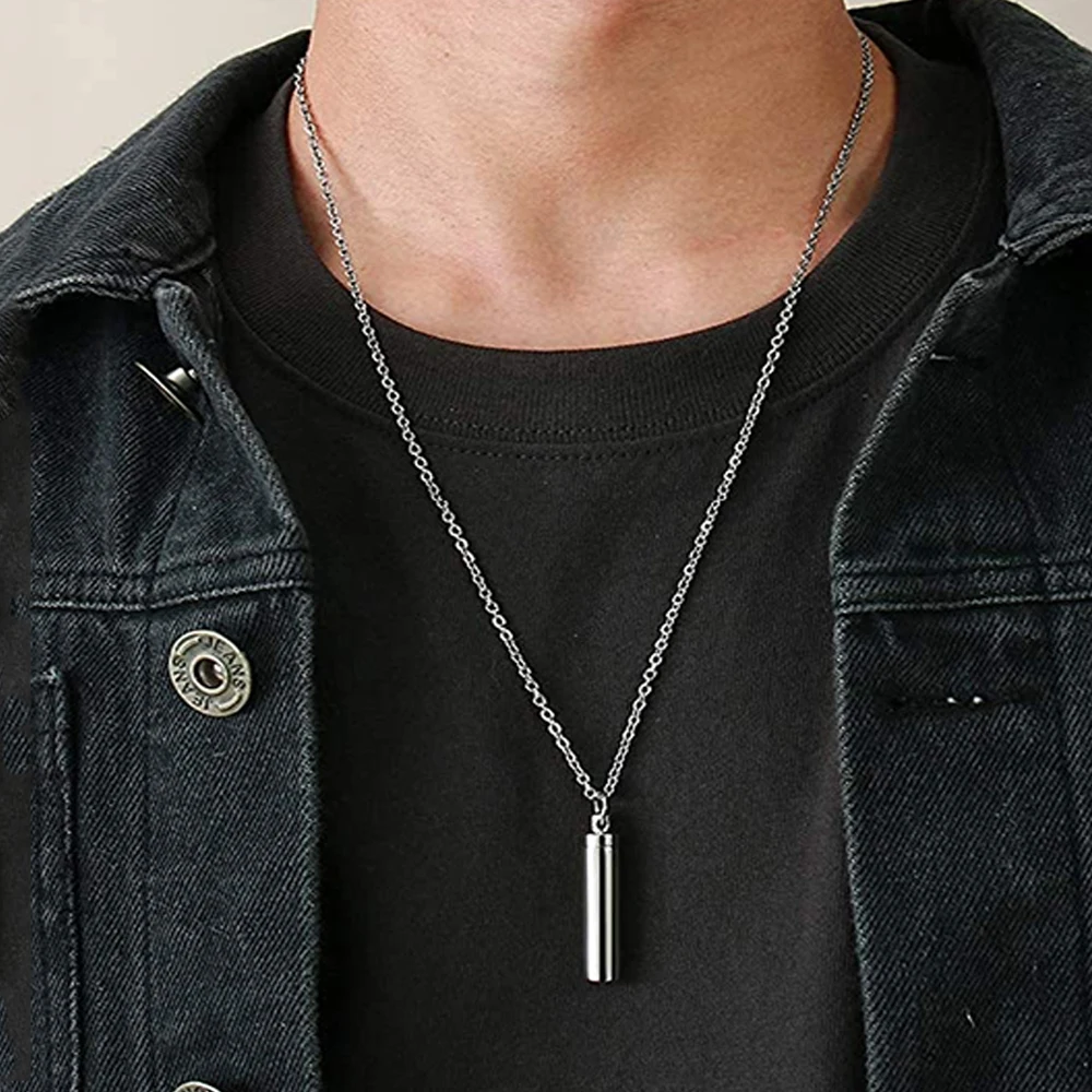 Simple Silver Color Cylinder Cremation Urn Necklace for Ashes Memorial Pendant Stainless Steel Keepsake Jewelry to Women Men