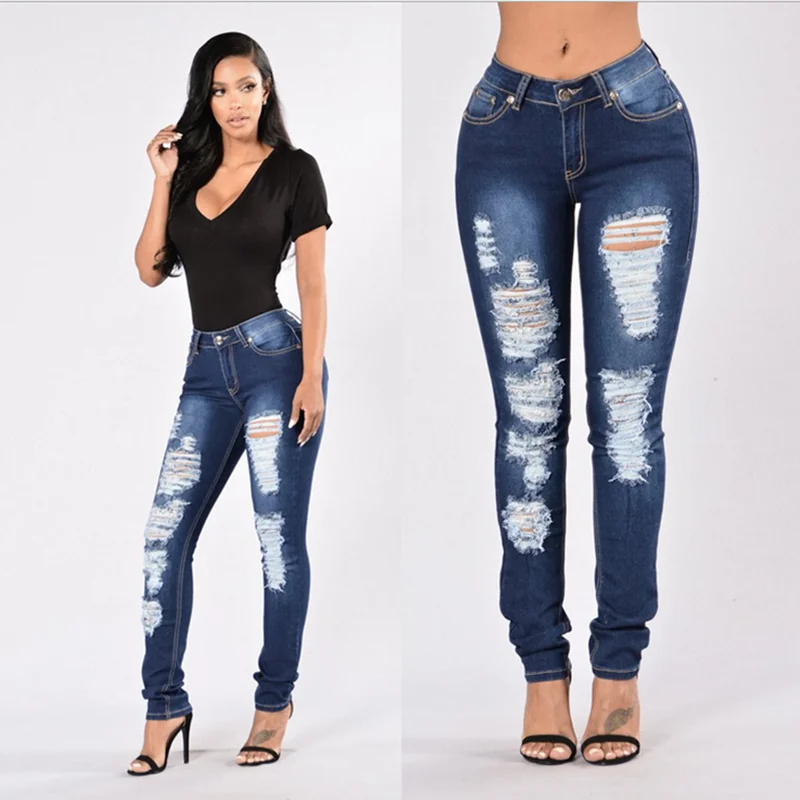 女性のための新しいファッションストレッチスキニーフィット破れたデニムペンシルパンツジーンズ Buy スキニージーンズ破れ 女性のためのジーンズ ストレッチスキニーデニム Product On Alibaba Com