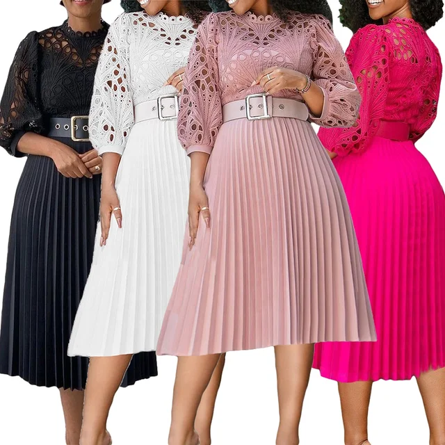 Wholesale Fall american women's clothing crochet lace dress pleated dress plus size long sleeve white church evening dresses