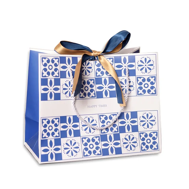 Custom Traditional Printed Pattern Design Paper Bag Printing Gold Foil logo Luxury Gift Bag Shopping Cardboard Paper Bag