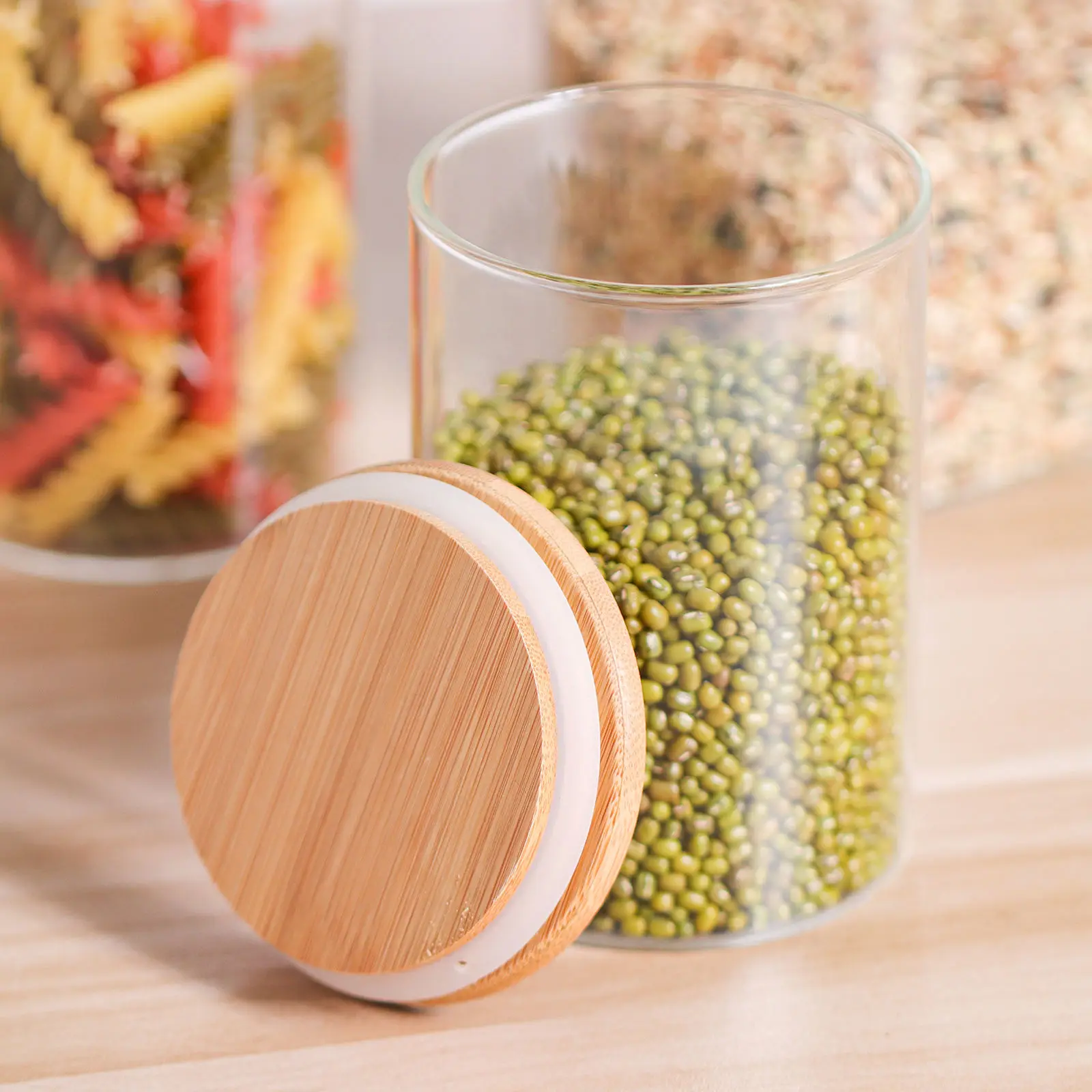 Custom High Borosilicate Glass Storage Jar Bamboo Wooden Lid Diameter 85mm manufacture