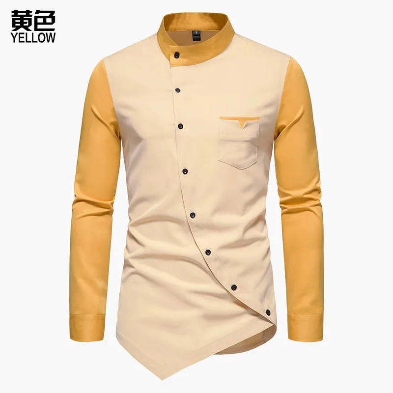 Youth Diagonal Button Irregular Color Contrast Henley Collar Long-sleeved Casual Shirt Large Size Casual Men's Shirts