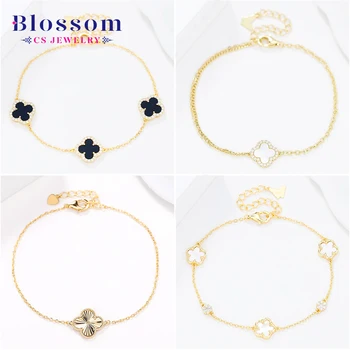 Blossom CS Jewelry 925 Sterling Silver Four Leaf Clover Bracelet Zircon Shell Gold Plated Lucky Bracelet Fine Jewelry for Women