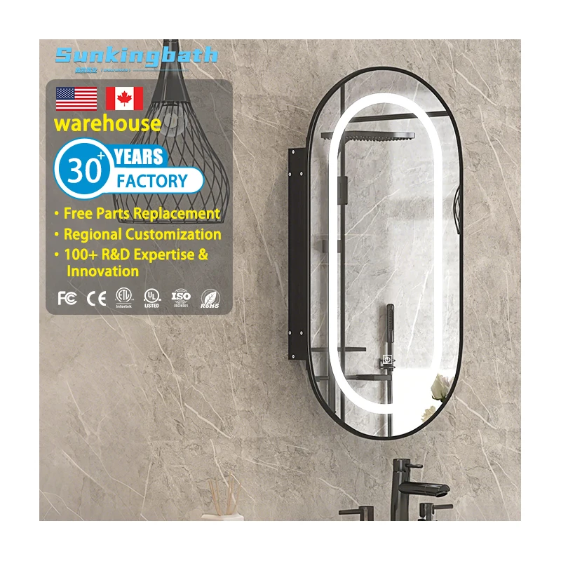 Oval LED Mirror Medicine Cabinet Wall Mounted Bathroom Storage Mirrored Cabinet with Tempered Glass Shelves 33.5 X 21 Inch