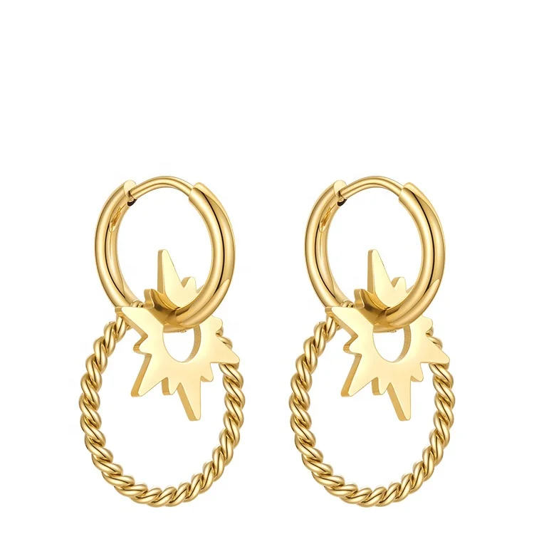 18K Gold Plated Stainless Steel Jewelry Six Pointed Star Rib Circle Drop Earrings E211234