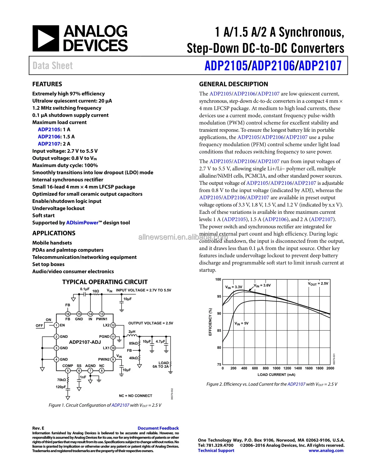 Hot sale Original ADP2107ACPZ-R7 IC 16LFCSP Buck Switching Regulator IC Positive Adjustable 0.8V 1 Output 2A 16-WQFN Exposed Pad