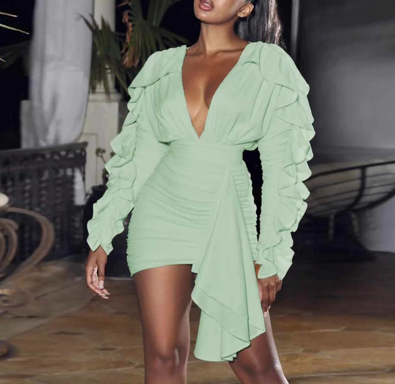 V-neck Ruffle Sleeves Evening Dress 