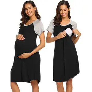 Pregnant Woman's Elastic and Comfortable Short-sleeved Round-neck Mother's Nursing Dress Pajama