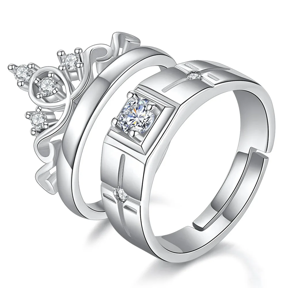 European and American Fashion Cross Crown Open Couple Ring Men's and Women's Zircon Wedding Ring