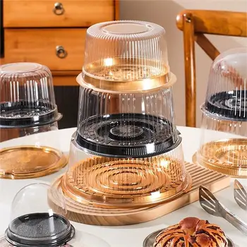 Transparent Disposable Custom PET Plastic Cake Container Round Cake Packaging Box Cheesecake Dome Lids Gold Brown White Base