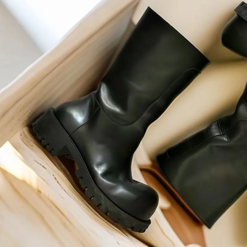 Fashion Men Low Heels Black Leather Autumn Winter Boots Big Toe Ankle Mid-calf Western Cowboy Boots - Image 2