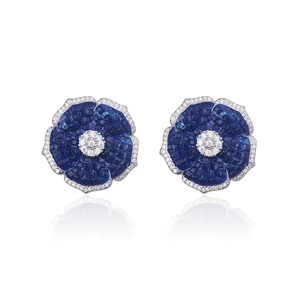 Blue Sapphire Gemstone Flower Shape Design Two Finger Ring 18k Gold Pave Zircon Diamond Jewelry