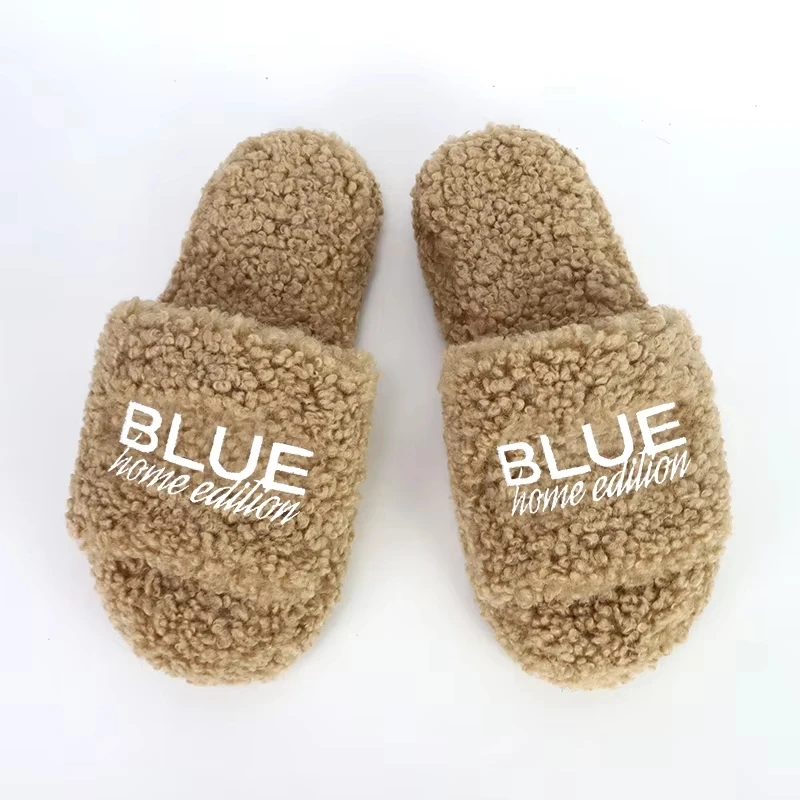 Custom Women's Open Toe Winter Lamb Wool Memory Foam Fluffy Fake Shearling Fur Furry Slides Slippers