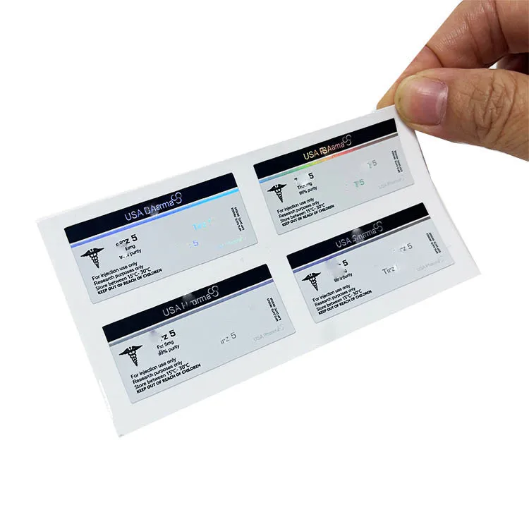 Individuell gestaltete beliebte Laser-Hologramm-Logos, wasserdichte PVC-Tirz 5-Etikett 5mg Flasche