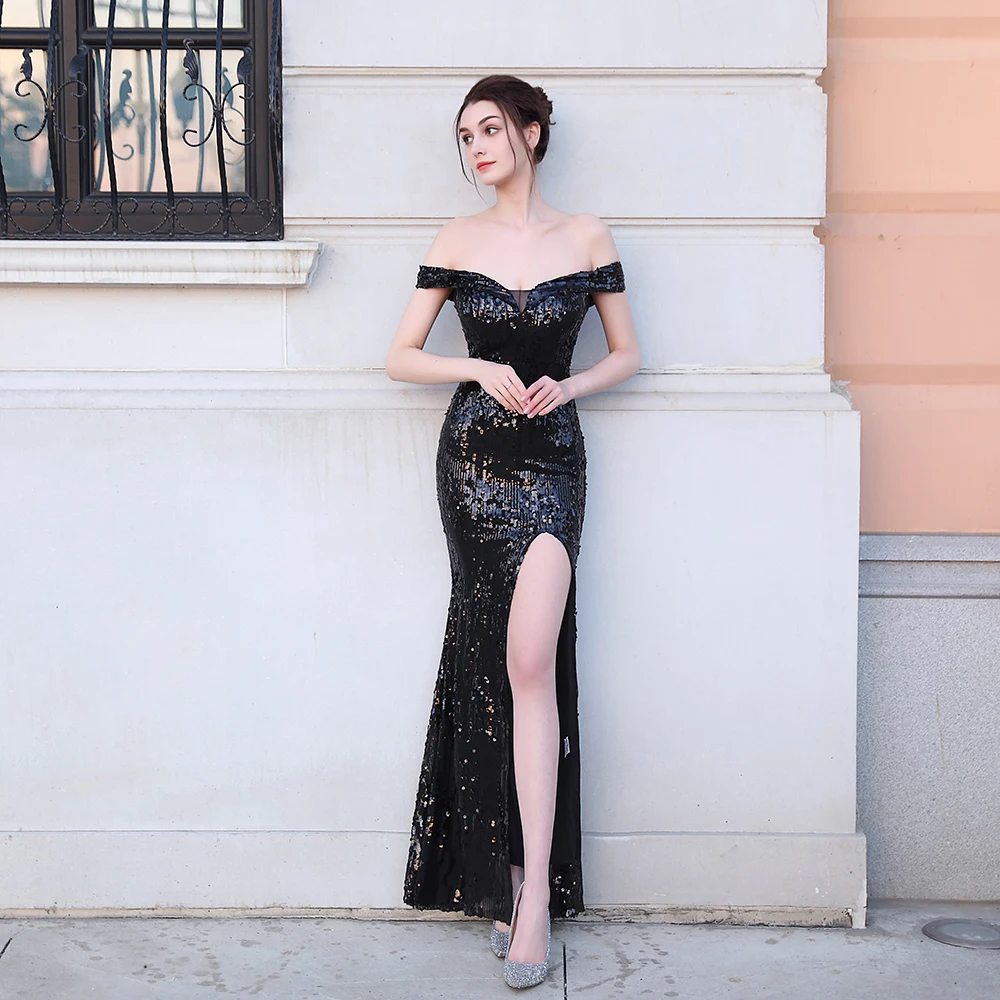 Kalinnu black store sequinned off the shoulder formal gown