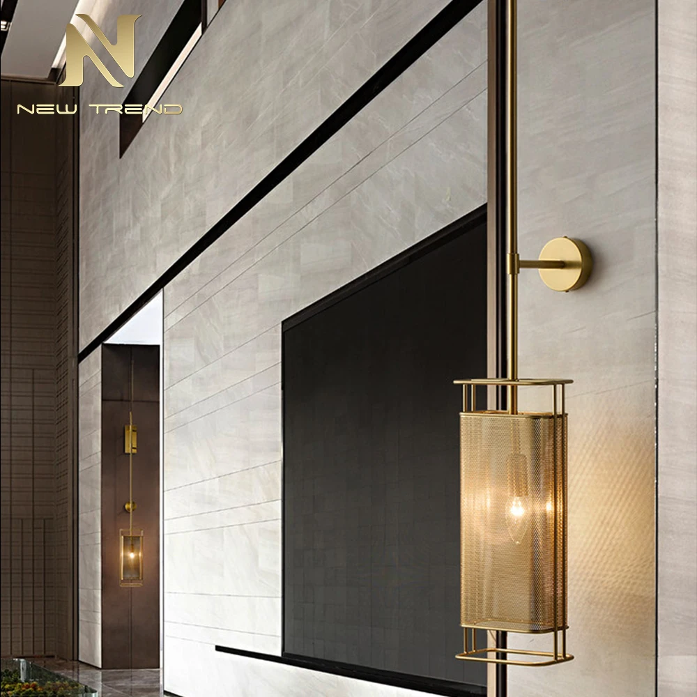 Applique murale CPL-478 de luxe en laiton brossé – Éclairage LED moderne cylindrique en treillis métallique pour chambre d’hôtel haut de gamme