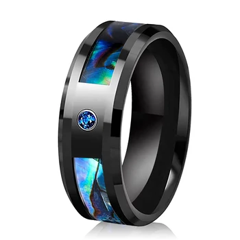 Black Tungsten Abalone Shell Inlay Ring 8mm Blue Sapphire Stone Wedding Band For Men