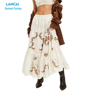Women's Custom Fashion Summer Skirts for Women Bohemian 100% Cotton Long White Embroidery Maxi Skirt Womens Skirts