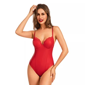 Lism Custom Women's Red Matte Rhinestone Snap Tape Crotch Closure Shapewear Bodysuit Tightening Breathable Seamless Adults