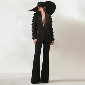 Fashion Luxury 2025 V Neck 3D Flower Black Women's Coats Women's Party Evening Gown Long Straight Pants Women's Suit