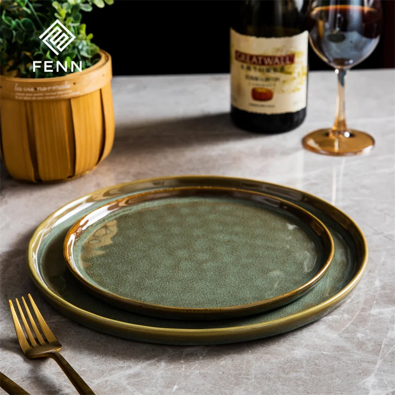 FENN European modern style hotel round dish pasta salad plate hotel reactive glazed ceramic plates custom tableware for home