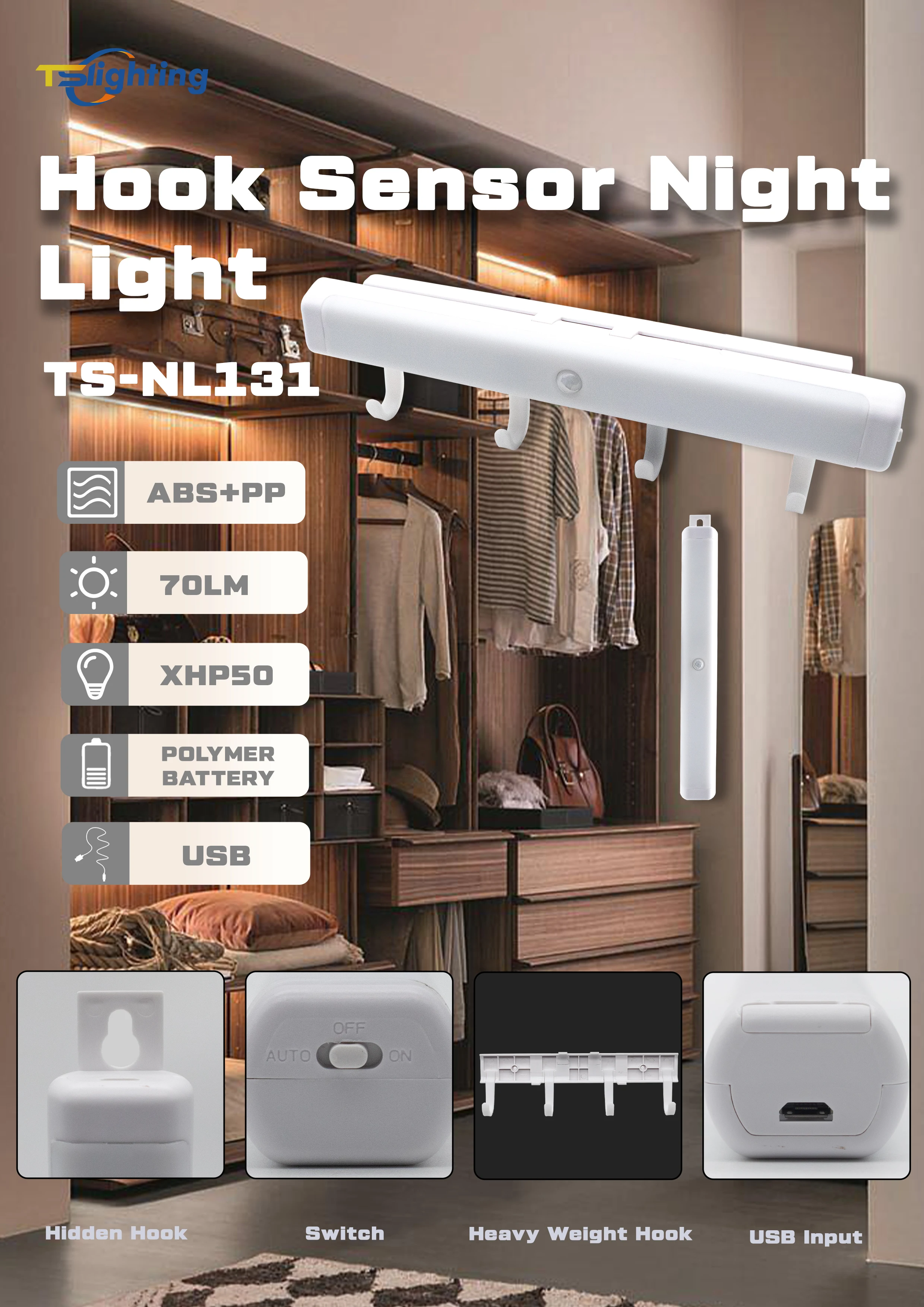 Portable Morden Detachable Adhesive Hooks LED Night Light PIR Motion Sensor Cabinet Light Indoor Bedroom supplier