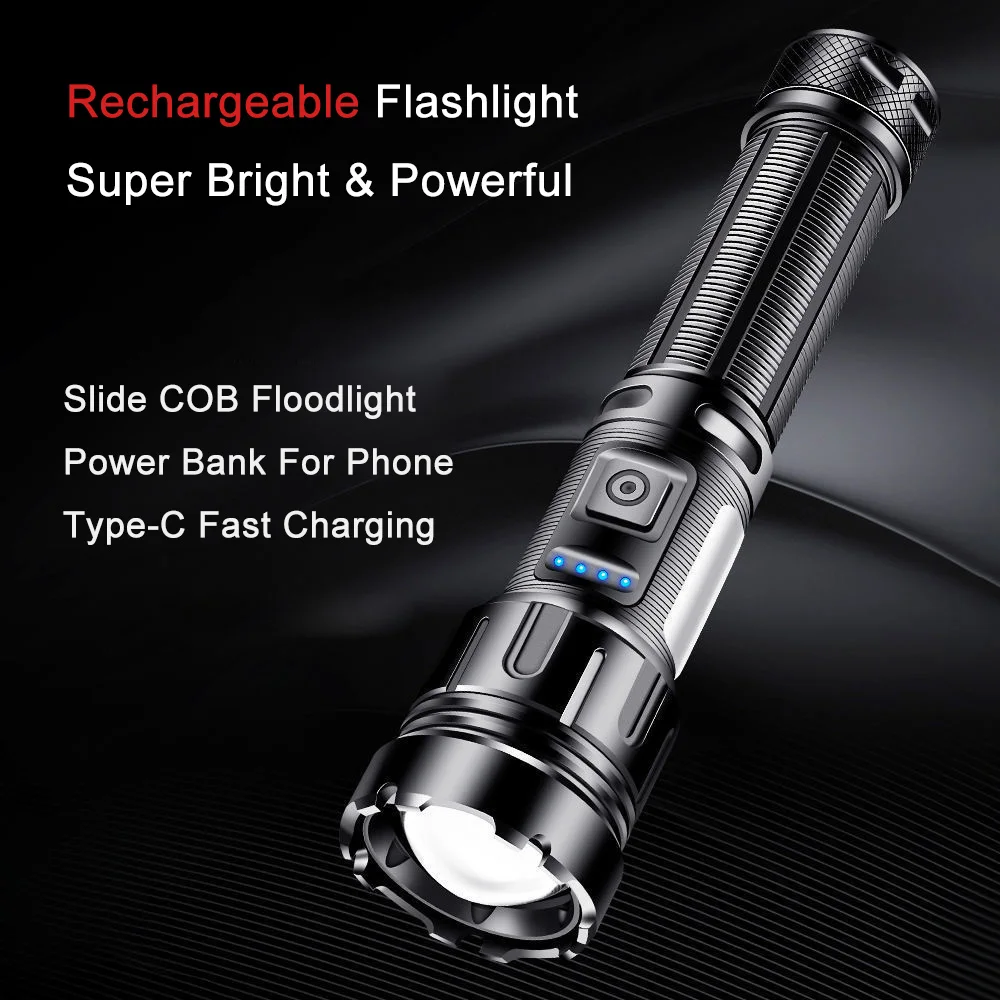 USB Rechargeable Flashlight 5000 High Lumens P50 30W LED COB Work Light Zoomable 7 Modes Emergency Outage Tactical Flash Light