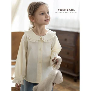 YOEHYAUL C2911 Lace Patchwork Peter Pan Collar Kids Girls Long Sleeves Spring Shirt Boutique Soft Kids Autumn T Shirts Blouse