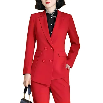 New women office lady pant suits of high quality OL blazer suit jackets with ankle length trouser red two pieces set suit 4XL