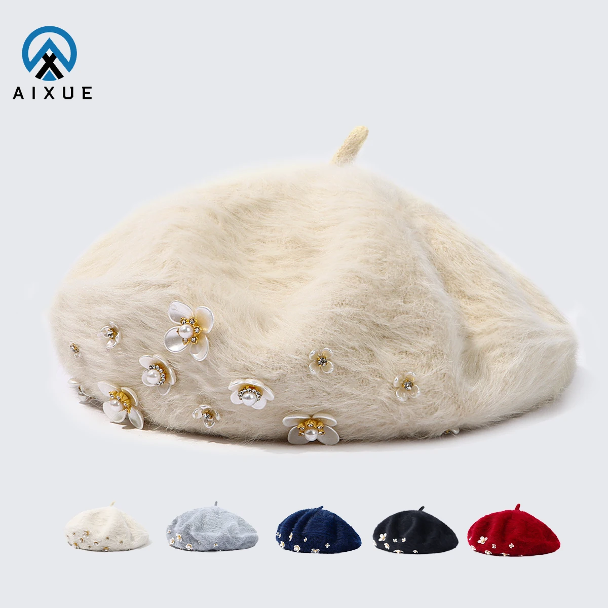 3389 Rabbit Fur Beret Hat French Cap Winter Warm Flowers Pearls Beanie Fashion Girl Autumn and Winter Cute Warm Artist Hat Rabbit  main image 3