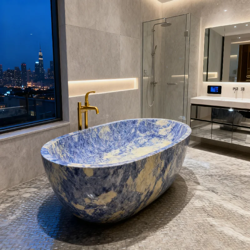 Wastafel Segitiga Bolivian Blue dari Batu Alam Modern untuk Meja Cuci Kamar Mandi di Hotel dan Apartemen