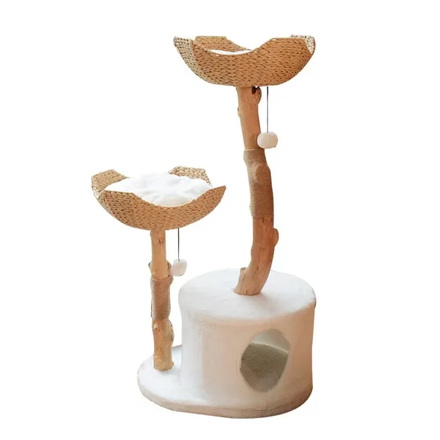 Natural Sisal and Solid Wood Cat Tower Luxury Modern Cat Scratcher with Stable Base Sustainable Bed and Toy