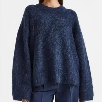 Custom Logo Blend Wool Sweater Women Casual Crew Neck Knitted Jumper Long Hairy Warm Fleece Pullover Winter Outfit