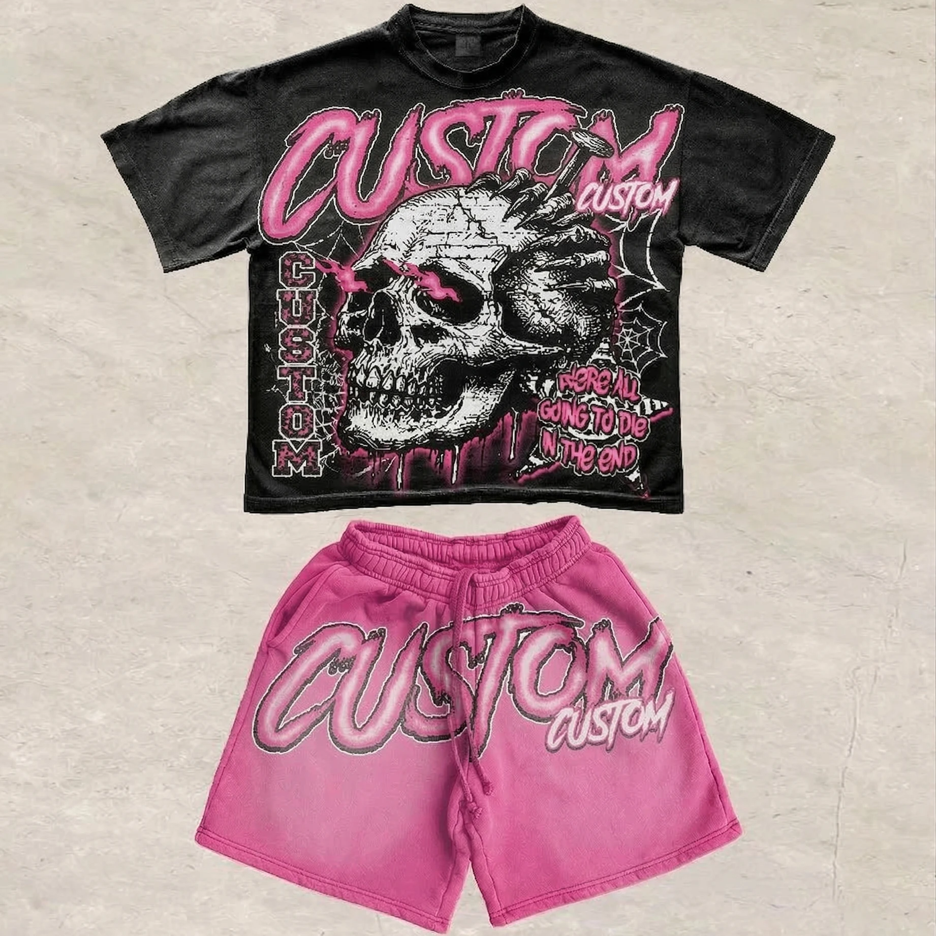 Set casual estivo per uomo/unisex composto da t-shirt e shorts con effetto consumato, grafica applicata a caldo, stampa serigrafica, shorts e t-shirt dalla vestibilità ampia e rilassata