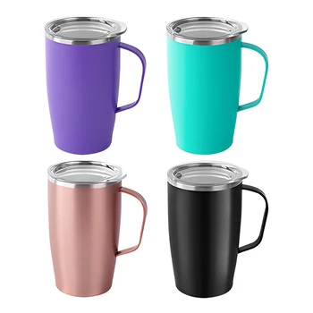 Logo Custom Water Cup With Handle and Lid 600ml Double Walled 304 Stainless Steel Vacuum Car Mug Colors Travel Office Portable