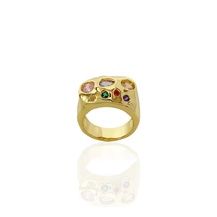 2025 New Style Retro Colorful Irregular-shaped Zirconium Stone Ring Attractive Oval Cut Woman's Ring Tarnish Free Size Free