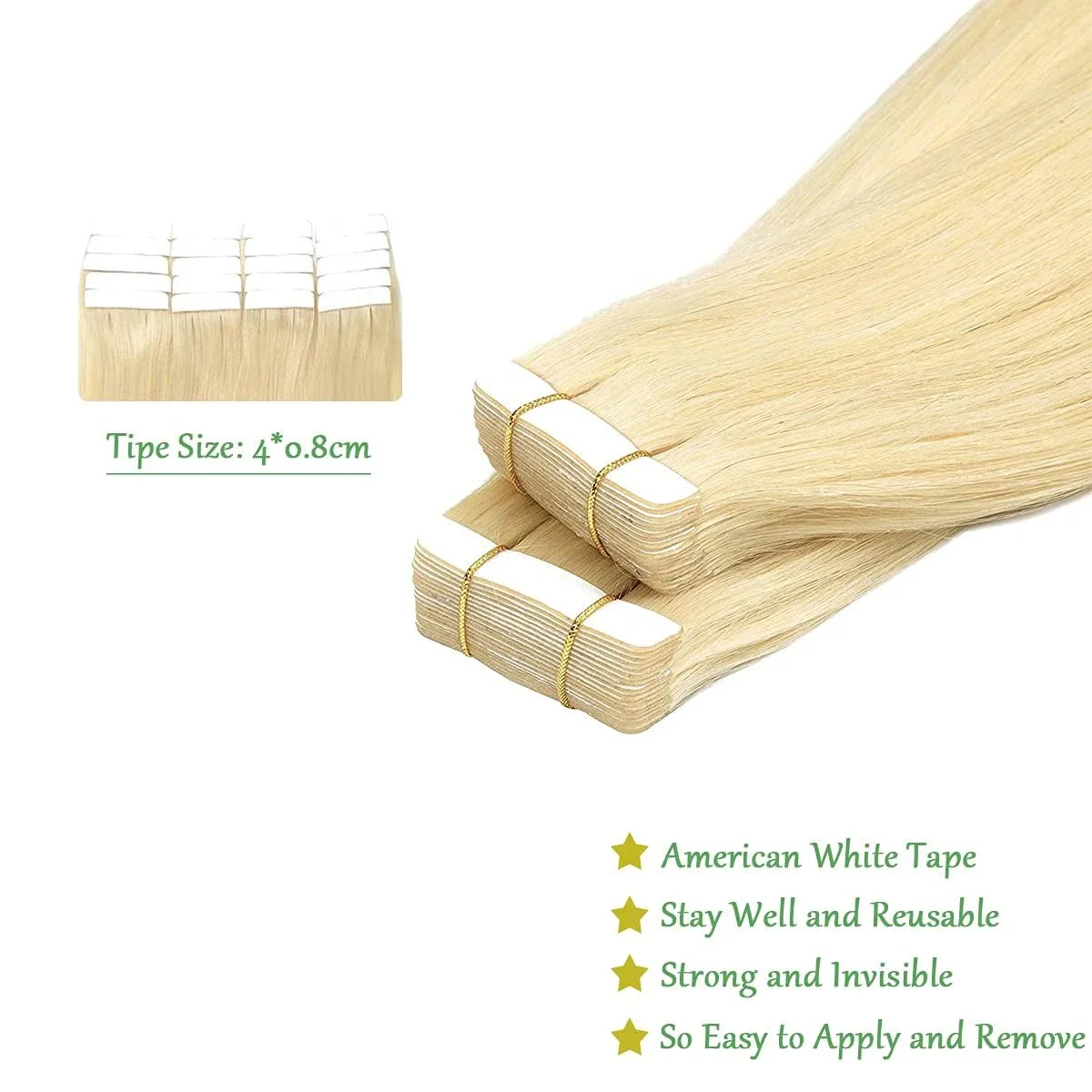 Extensii de păr cu bandă adezivă, blond 613, păr uman Remy, fără sudură, 20 buc._voghion.com
