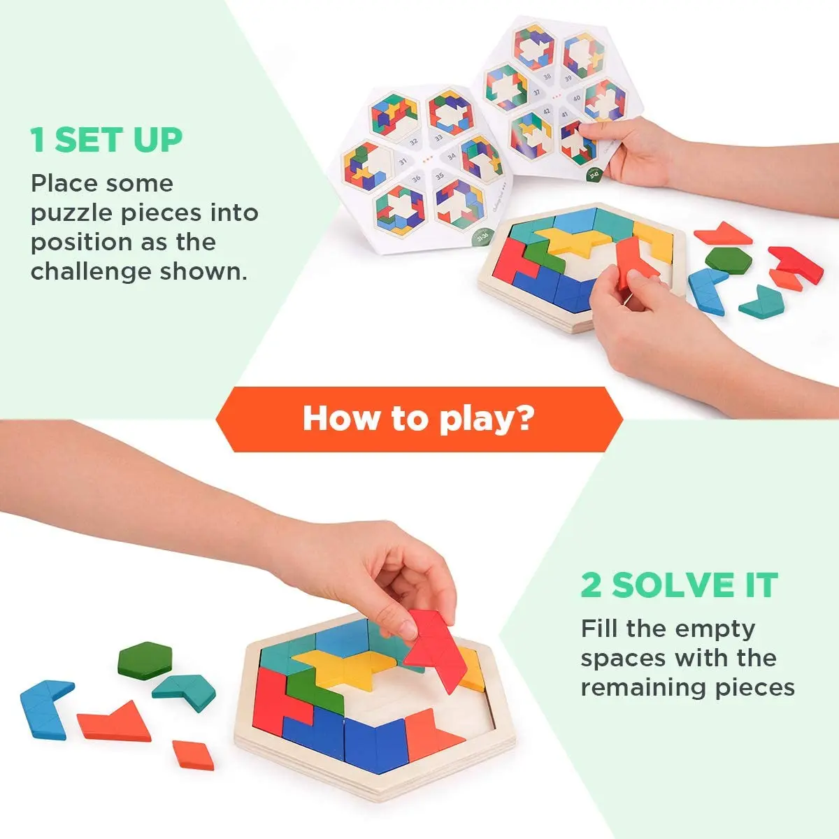 Hexágono de madeira Puzzle Para Criança Adulto Quebra-cabeça Quebra-cabeças  Desafio Toy Shape Pattern Blocks Tangram Geometria Lógica Iq Jogos Para