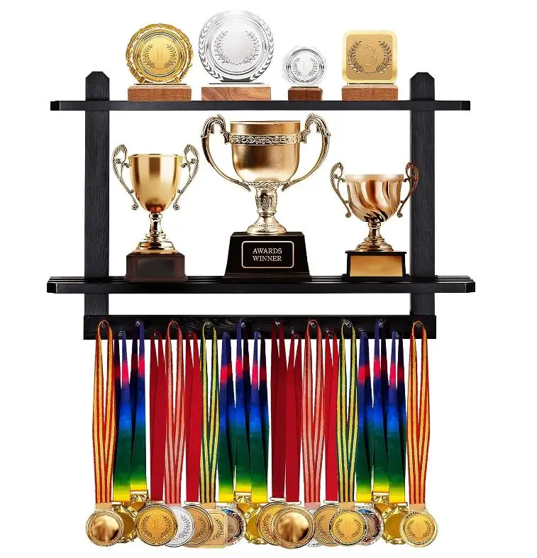 SUPERDANT Porte-Médailles En Bois Avec Étagère - Présentoir Trophées Et Cintres Pour Médailles
