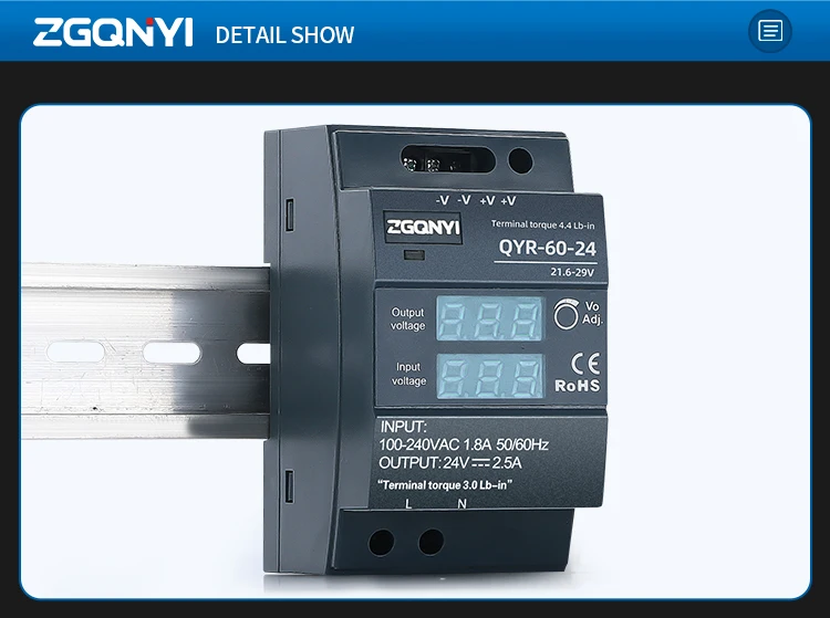 Din Rail Mount Power Supply With Digital Display Qyr60w24v Ac Dc