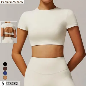 YISHENHON Quick Dry Gym Fitness Top Breathable round Neck Yoga T-shirt with Short Sleeve & Hollow Back Running Sports Clothing