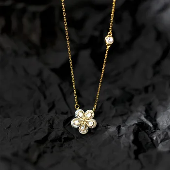 fashion fine jewelry 925 sterling silver flower diamond five petals zircon pendant gold plated necklaces women