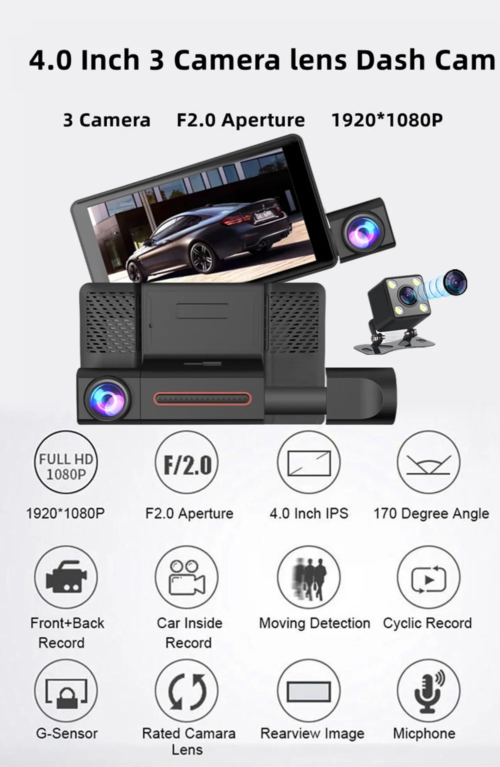 Cheapest 3 Lens Car Video Recorder HD1080P C3 Dash Cam Car Black Box 4inch IPS Camera Recorder Night Vision Loop Recording Dvr
