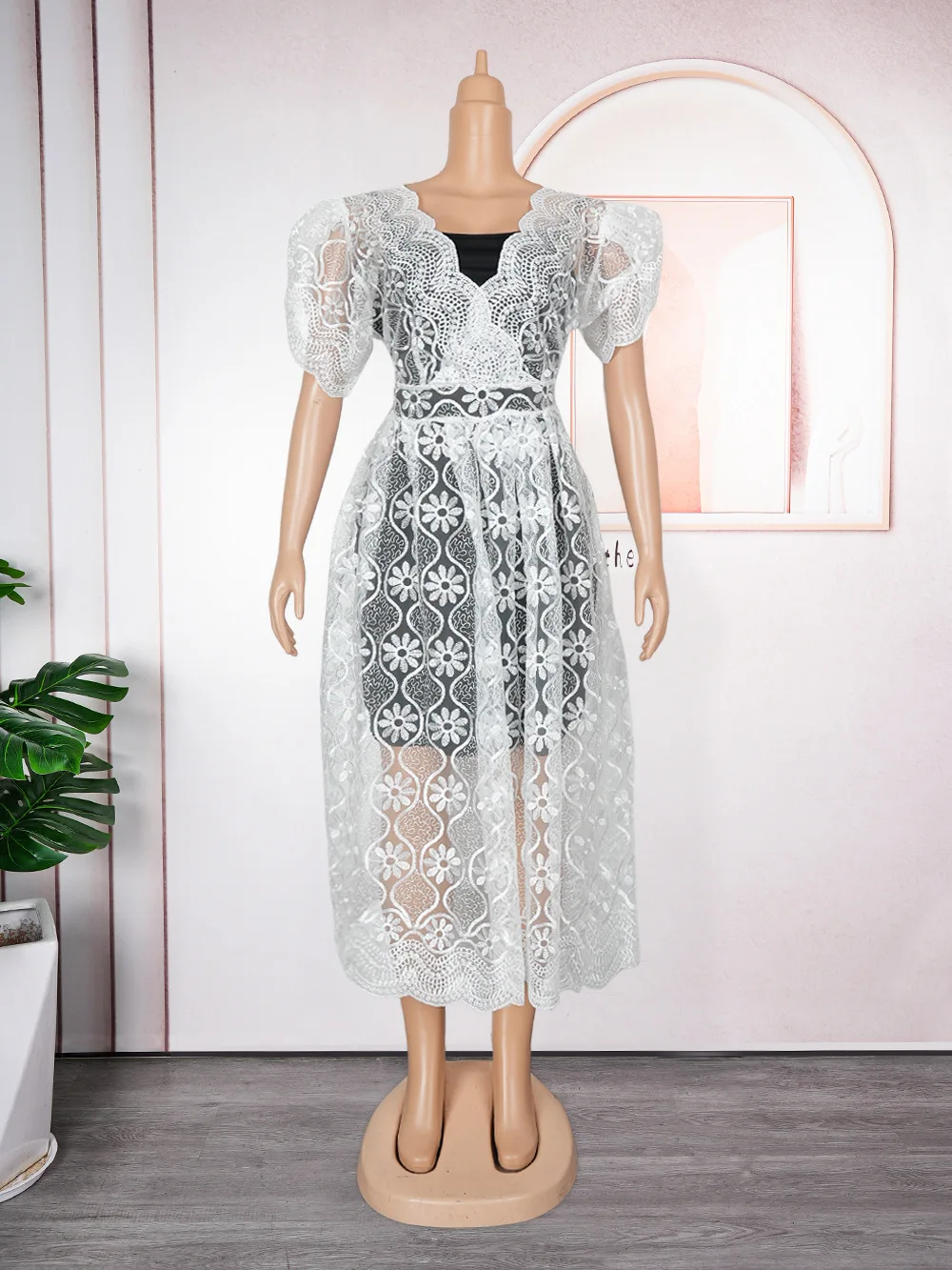 French Sweet Gentle V-neck Lantern Sleeve Lace Patchwork Mesh Dress Women's  High Waist Elegant Midi Dresses Women